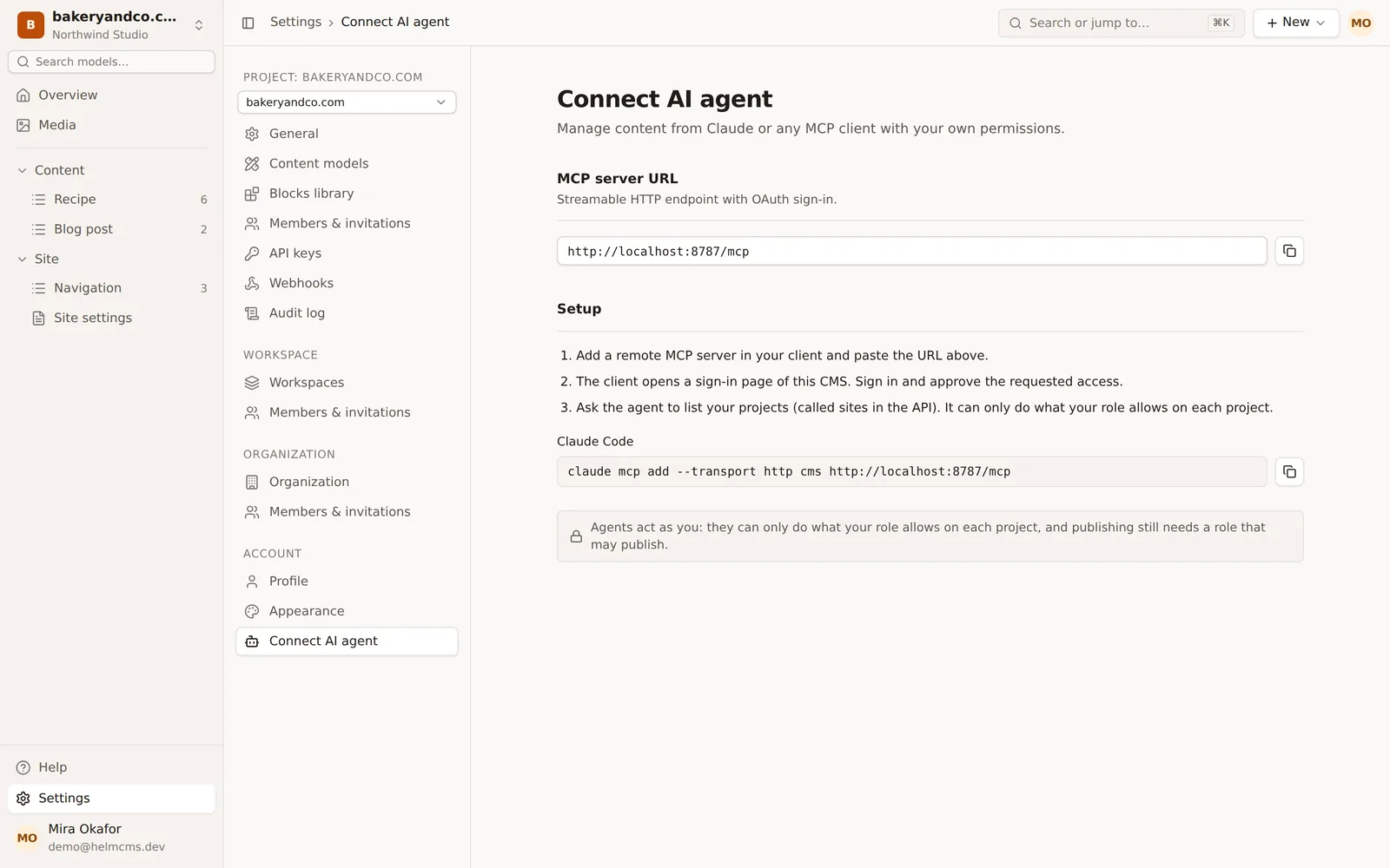HelmCMS admin: Connect AI agent page with the MCP server URL and setup steps